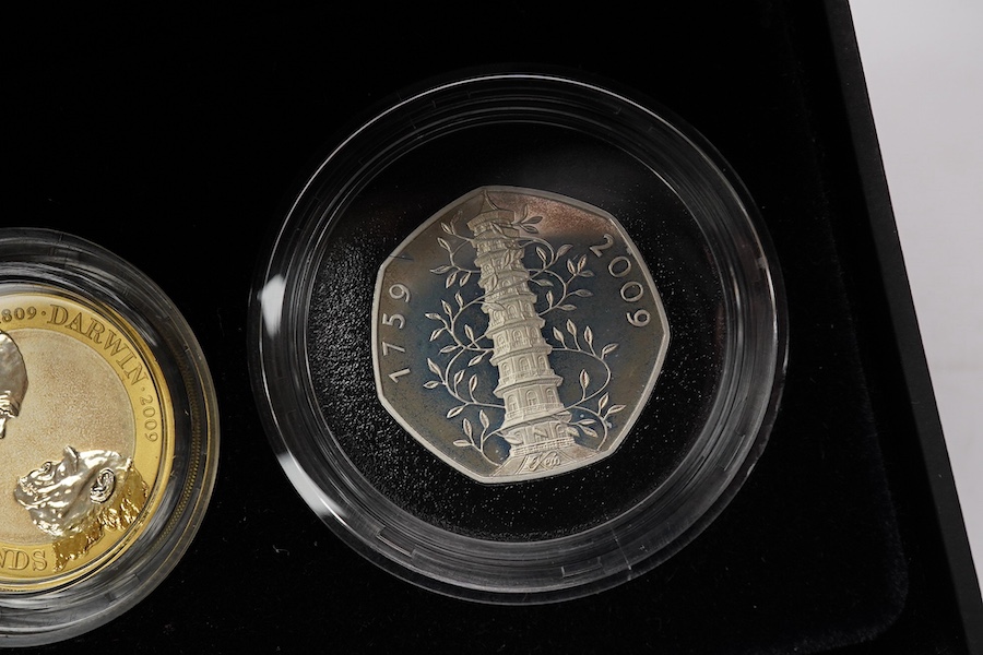 British coins, QEII Royal Mint, 2009 UK silver proof piedfort four coin collection, including the scarce Kew Gardens 50p, in case of issue with certificate